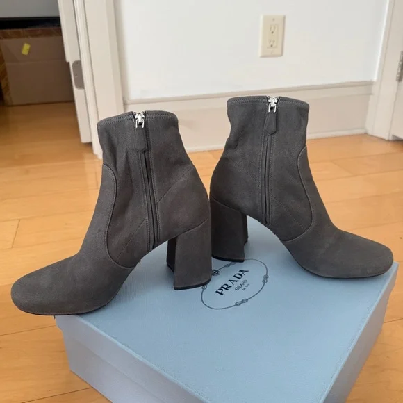 LIKE NEW Prada Suede Ankle Heeled Boots, Size 39
